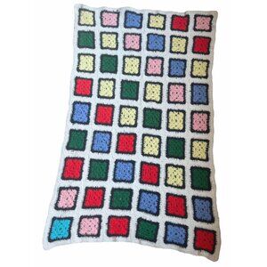 Vintage Granny Squares Handmade Afghan 54" x 35" Pink, White, Black, Yellow, & G